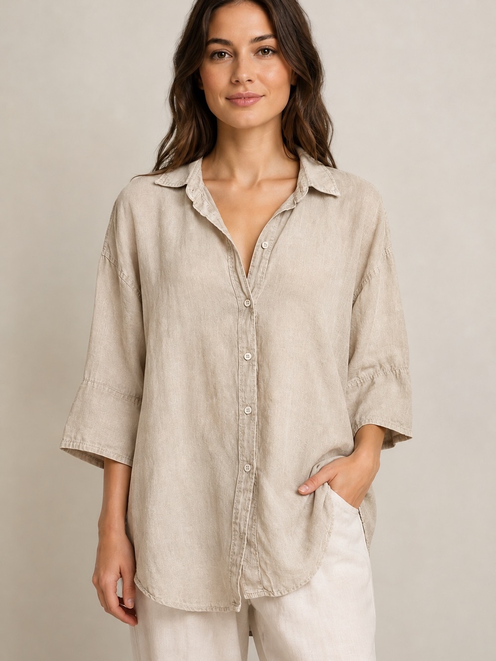 Zara 100% linen Oversized Button-Down Shirt in Light Beige